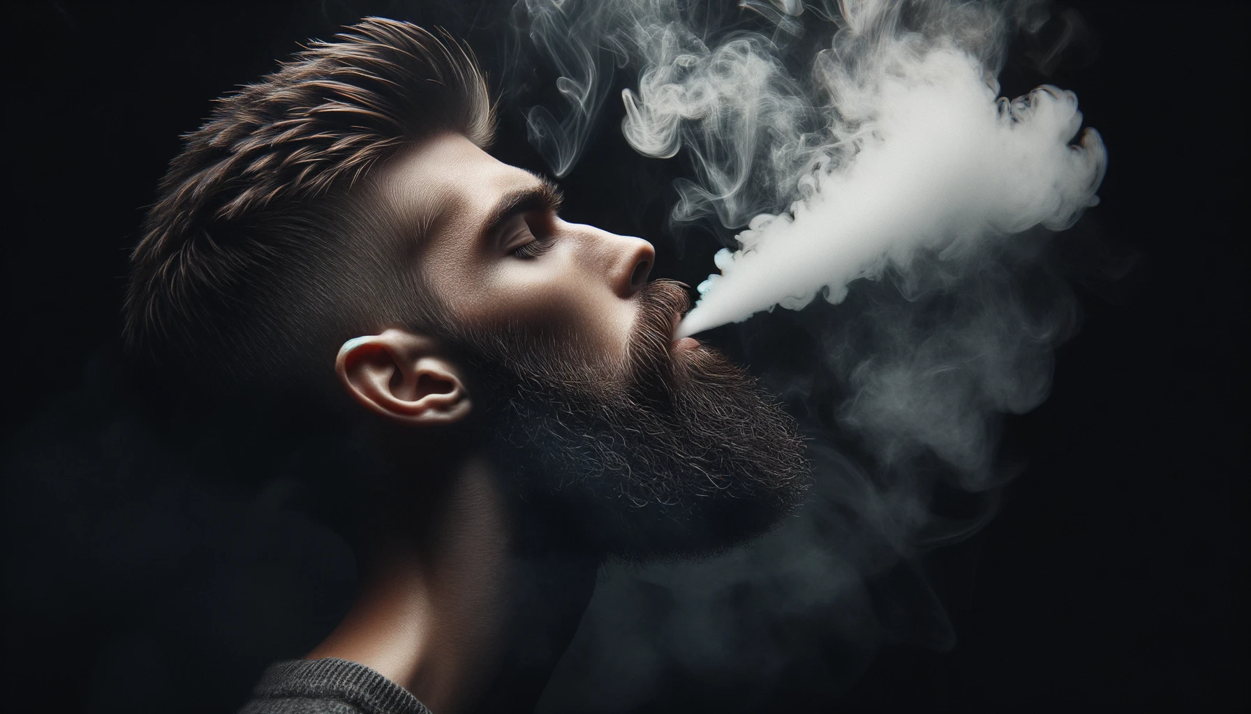 DALL_E_2023-10-27_23.21.03_-_Photo_realiste_d_un_homme_totalement_chauve_sans_aucun_cheveu_et_barbu_en_mode_sombre_sur_un_fond_noir_profond._L_homme_est_de_profil_et_exhale_un.png