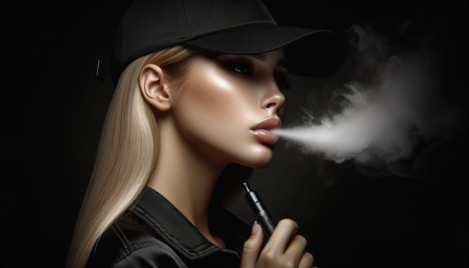 DALL_E_2023-10-27_23.35.25_-_Photo_realistic_depiction_of_a_young_blond_woman_with_sleek_hair_and_a_cap_blowing_out_smoke_from_an_electronic_cigarette._The_deep_black_background.png